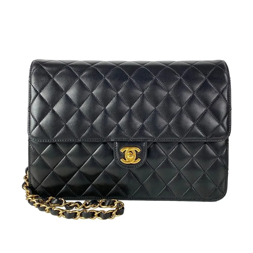 Chanel Single Flap Matelasse Shoulder Bag A03570 Black Gold Lambskin Hardware